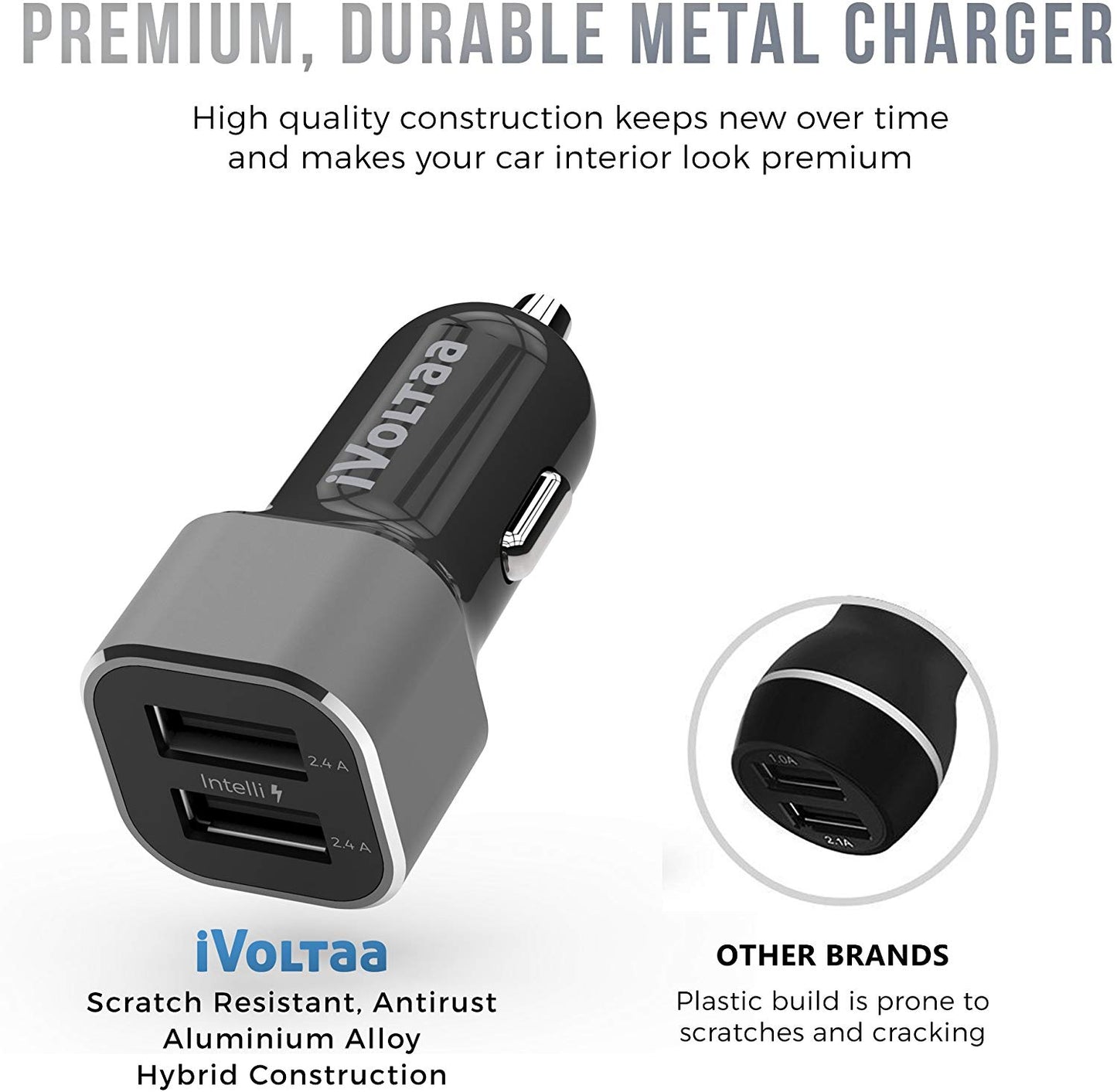 iVoltaa 4.8 A - 24W Dual Port Metal Car Charger (Black)