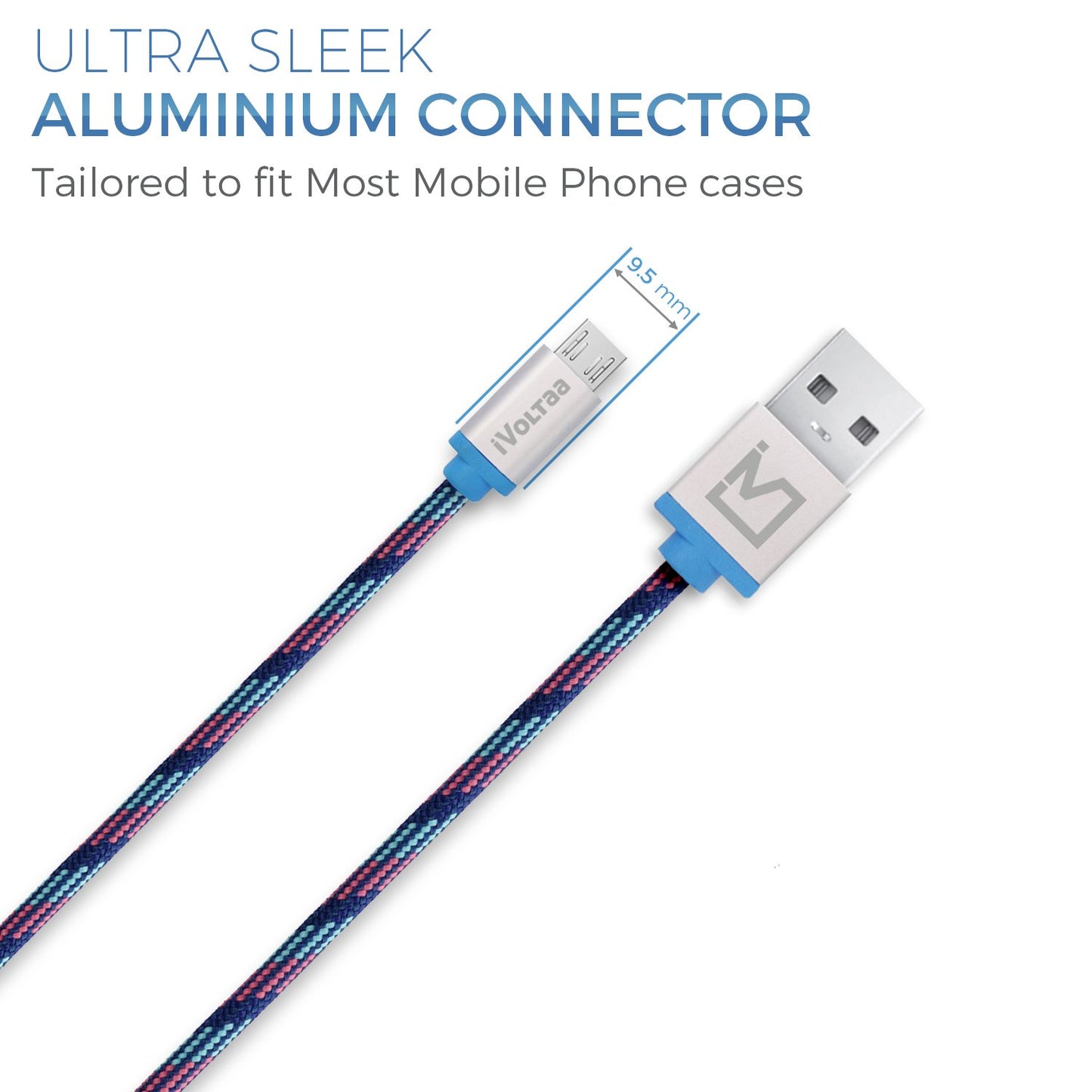 iVoltaa Pixie Micro USB to USB 2.4 Braided Cable - 3.3 Feet (1 Meter) - Kyber Blue